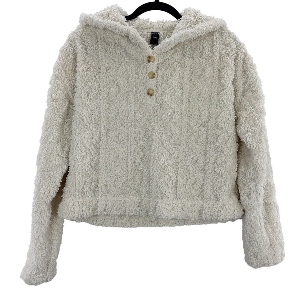 CIDER Fuzzy Sherpa Fleece Hoodie Cream Button Up Cozy Winter Warm Size M‎